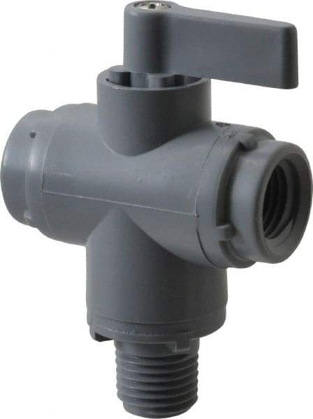 Specialty Mfr - 1/4" Pipe, PVC Standard Ball Valve - Three Way, MNPT x FNPT x FNPT Ends, Wedge Handle, 125 WOG - Top Tool & Supply