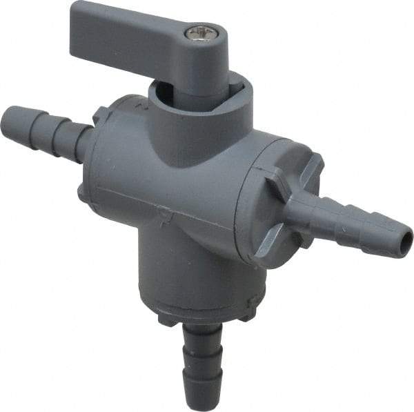 Specialty Mfr - 1/4" Pipe, PVC Standard Ball Valve - Three Way, Barbed x Barbed x Barbed Ends, Wedge Handle, 125 WOG - Top Tool & Supply