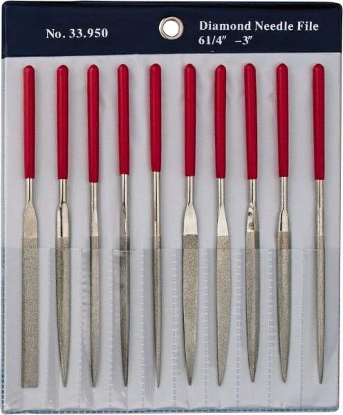 Grobet - 10 Piece Diamond Pattern File Set - 6-1/4" Long, Medium Coarseness, Set Includes Flat, Round, Square, Three Square - Top Tool & Supply