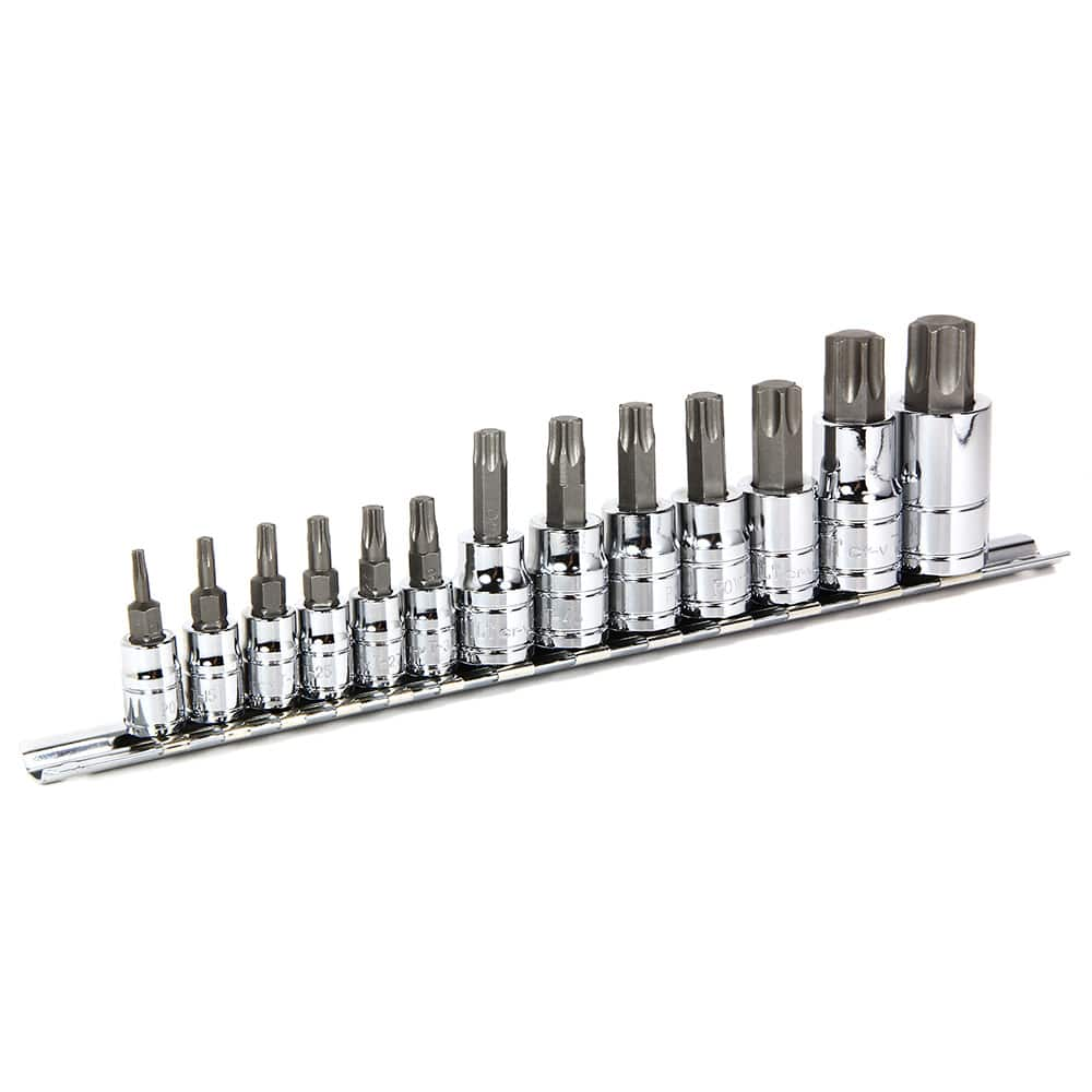 Powerbuilt - Hex & Torx Bit Socket Sets; Type: Star Bit Socket Set ; Drive Size: 1/4, 3/8, 1/2 ; Maximum Set Torx Size: T70 ; Measurement Type: SAE ; 1/4 Drive Sizes: T10, T15, T20, T25, T27, T30 ; 3/8 Drive Sizes: T40, T45, T47, T50, T55 - Exact Industrial Supply