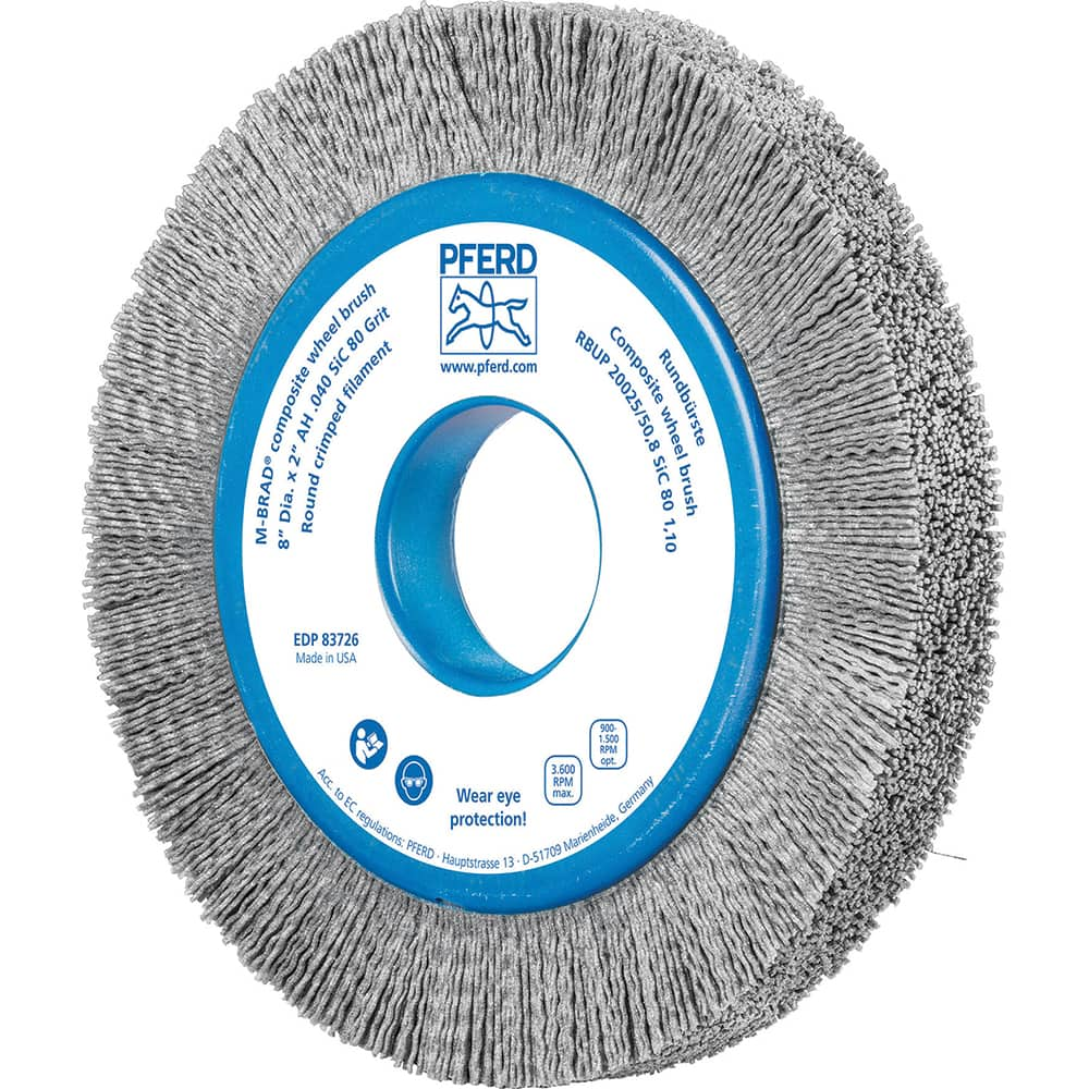 PFERD - Wheel Brushes; Outside Diameter (Inch): 8 ; Wire Type: Crimped; Round ; Fill Material: Nylon; Silicon Carbide ; Trim Length (Inch): 1-1/4 ; Filament Wire Diameter Range: 0.0300 & Above ; Maximum RPM: 3600.000 - Exact Industrial Supply