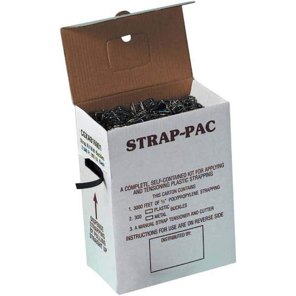 Value Collection - Strapping Kits Type: Polypropylene Strapping Kit Contents: 3000' of 1/2" Polypropylene; 300 Metal Buckles; Tensioner; Cutter - Top Tool & Supply