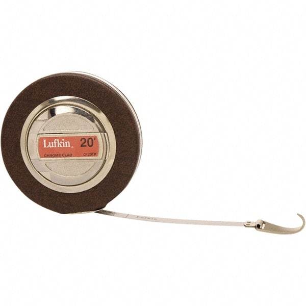 Lufkin - 20' x 3/8" White Steel Blade Tape Measure - 1, 1/10 & 1/100" Graduation, Inch Graduation Style, Brown Vinyl Clad Steel Case - Top Tool & Supply