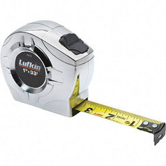 Lufkin - 33' x 1" Yellow Steel Blade Tape Measure - 1/16" & 1/10 & 1/100' Graduation, Inch Graduation Style, Chrome ABS Plastic Case - Top Tool & Supply