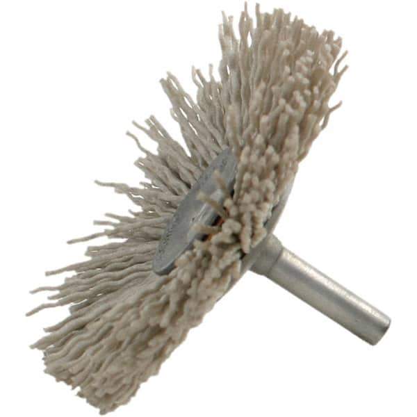 Brush Research Mfg. - 120 Grit, 2-1/2" Brush Diam, Crimped, Flared End Brush - Medium Grade, 1/4" Diam Steel Shank, 2,500 Max RPM - Top Tool & Supply