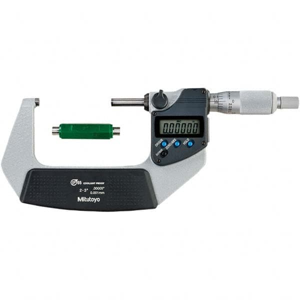 Electronic Outside Micrometer: 3″, Carbide Tipped Measuring Face, IP65 0.00005″ Resolution,  ±0.000050″Accuracy, Ratchet Thimble