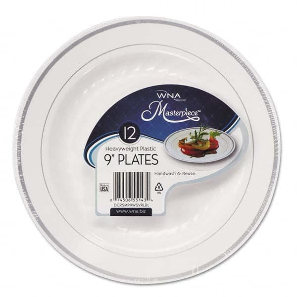 WNA - Masterpiece Plastic Plates, 9 in, White w/Silver Accents, Round, 120/Carton - Top Tool & Supply