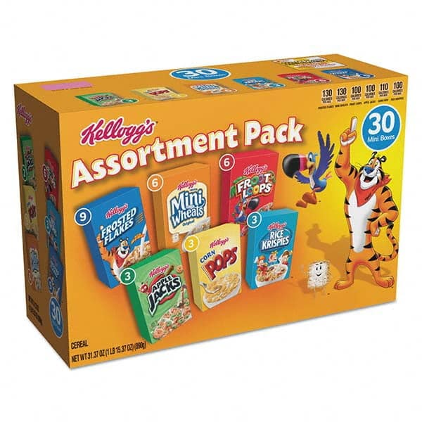 Kellogg's - Snacks, Cookies, Candy & Gum Breakroom Accessory Type: Cereal Breakroom Accessory Description: Breakfast Cereal Mini Boxes, Assorted, 2.39 oz Box, 30/Carton - Top Tool & Supply