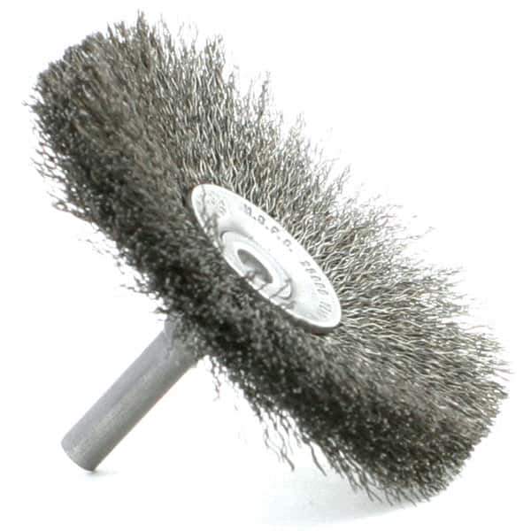 Brush Research Mfg. - 3" Brush Diam, Crimped, Flared End Brush - 1/4" Diam Steel Shank, 2,500 Max RPM - Top Tool & Supply