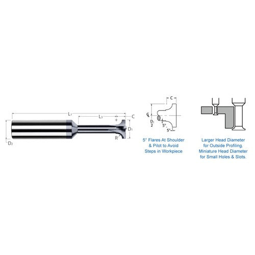 ‎Corner Rounding End Mills - 0.0500″ Radius × 0.2500″ (1/4″) Head Diameter × 1.2500″ (1-1/4″) Neck Length Carbide 5° Flare Back Corner Rounding End Mill, 3 Flutes, AlTiN Coated - Exact Industrial Supply