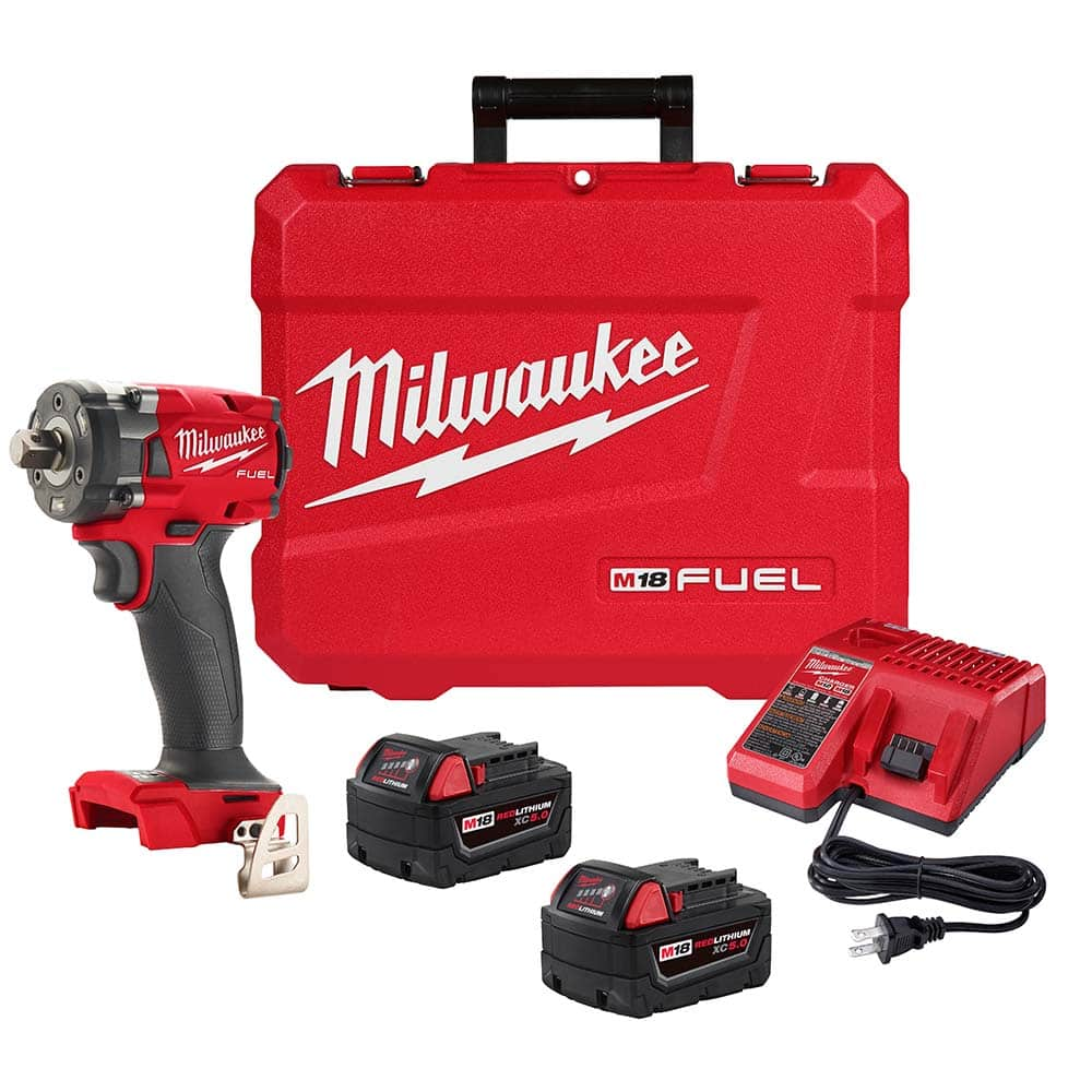 1/2″ Drive, 18.00 Volt, Straight Cordless Impact Wrench 0-2400 RPM, 220.00 Ft/Lb, Includes M18 FUEL ™ 1/2″ Compact Impact Wrench w/ Pin Detent (2855P-20), (2) M18 REDLITHIUM ™ XC5.0 Resistant Battery Pack (48-11-1850R), M18 and M12 Multi-Voltage Charger (