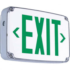 Illuminated Exit Signs; Number of Faces: 1; Light Technology: LED; Letter Color: Green; Mount Type: Surface Mount; Housing Material: Thermoplastic; Housing Color: White; Battery Type: Sealed Nickel Cadmium; Wattage: 2.7 W; Overall Length: 2.5 in; Overall