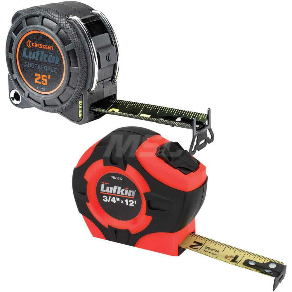 Tape Measure: 25' Long, 1-3/16″ Width, Black & Green Blade Inch Graduation, Black Case