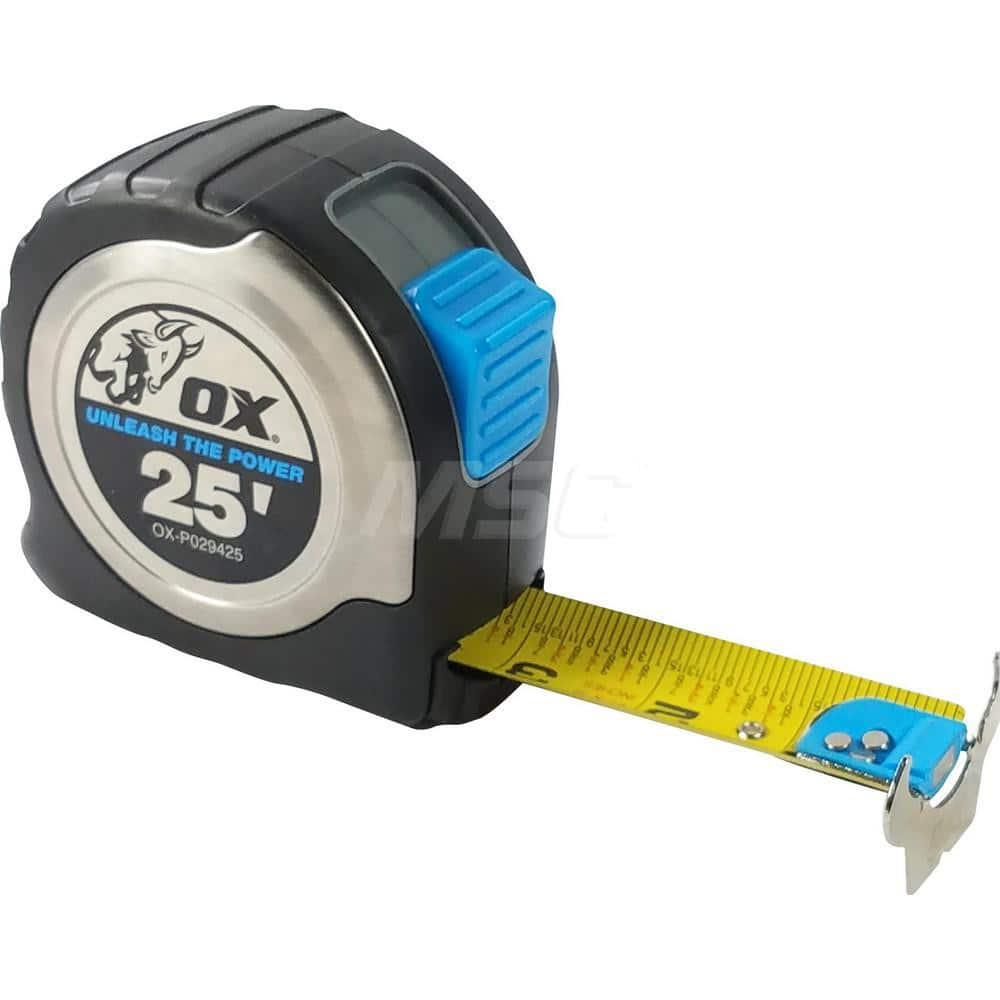 Tape Measure: 25' Long, 1-3/16″ Width, Yellow Blade 1/16″ Graduation, Black & Gray Case