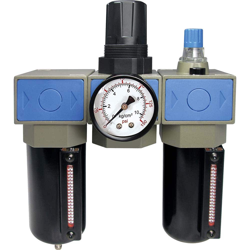 FRL Combination Unit: 1/4 NPT, Intermediate with Pressure Gauge 73.45 SCFM, 215 Max psi, Aluminum Bowl, Semi-Automatic Drain