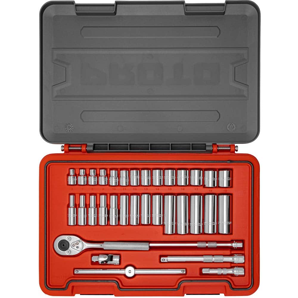 Proto - Socket Sets; Measurement Type: Metric; SAE ; Drive Size: 3/8 ; Minimum Size (Inch): 5/16 ; Maximum Size (mm): 19.00 ; Tool Type: Socket Set ; Number of Pieces: 34.000 - Exact Industrial Supply