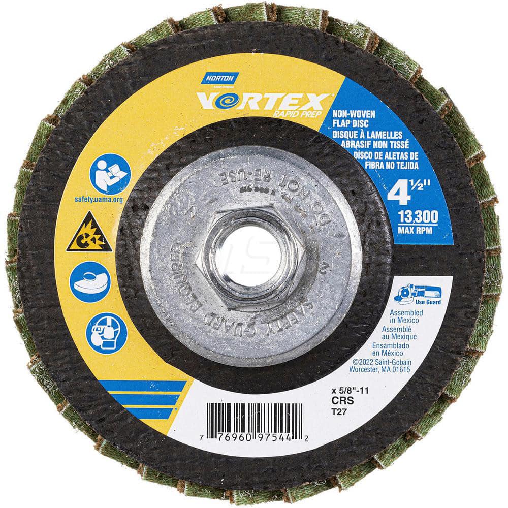 Flap Disc: 4-1/2″ Dia, 5/8-11 Hole, Aluminum Oxide, Type 27 Non-Woven, Coarse Grade, Fiberglass-Backed, 13,300 RPM