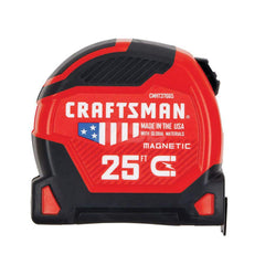 Tape Measure: 25' Long, 1-1/4″ Width, White Blade 1/16″ Graduation, Black & Red Case