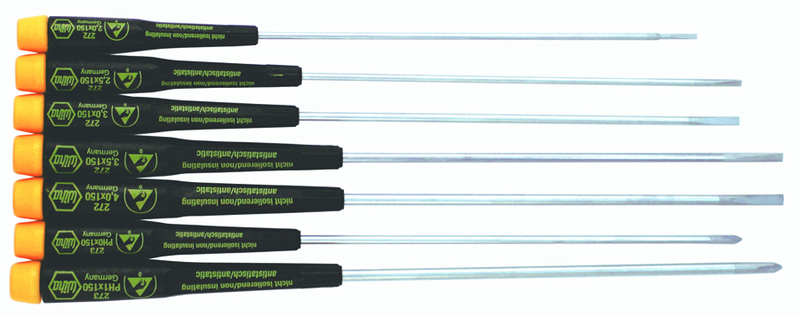 7 Piece - Precision ESD Safe Slotted & Phillips Extra Long Screwdriver Set - #27393 - Slotted 2.0 - 4.0mm; Phillips # 0; 1 x 150mm - Top Tool & Supply