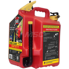 Safety Dispensing Cans; Capacity: 5 Gal; Compatible Fluid: Gasoline; Material: Polyethylene; Overall Height: 15.61 in; Overall Diameter: 40.500; Hose Diameter: .75 in; Hose Length: 9 in; Standards: CARB; Meets Standard Guidelines for OSHA; FM; EPA; MSHA;