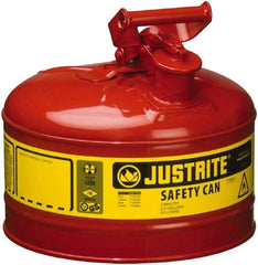 Justrite - 2.5 Gal Galvanized Steel Type I Safety Can - 11-1/2" High x 11-3/4" Diam, Red with Yellow - Top Tool & Supply