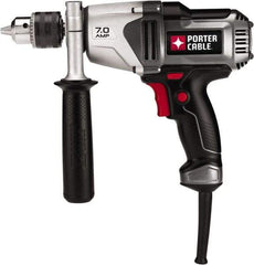 Porter-Cable - 1/2" Keyed Chuck, 800 RPM, Pistol Grip Handle Electric Drill - 7 Amps, 120 Volts, Reversible, Includes Side Handle & Chuck Key with Holder - Top Tool & Supply