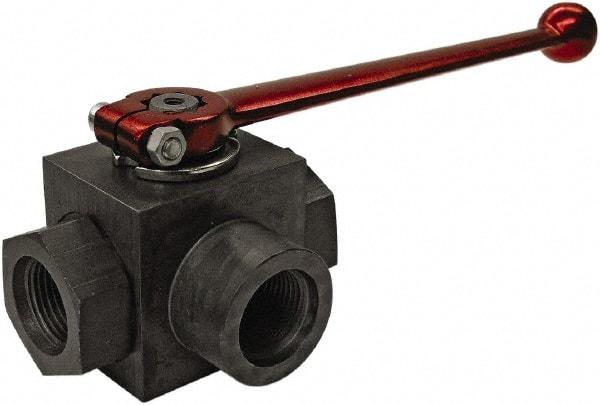 HYDAC - 1/4" Pipe, Full Port, Carbon Steel Full Port Ball Valve - Three Way, SAE Ends, Straight Handle, 7,250 WOG - Top Tool & Supply