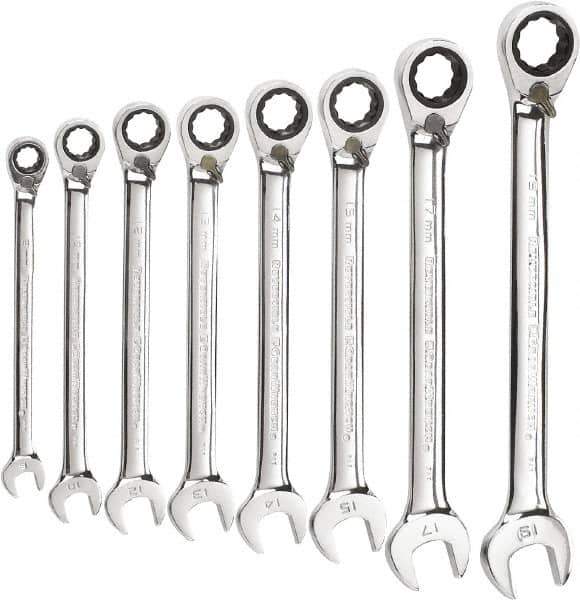 GearWrench - 8 Piece, 8mm to 19mm, 12 Point Reversible Ratcheting Combination Wrench Set - Metric Measurement Standard, Chrome Finish - Top Tool & Supply