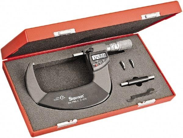 Starrett - 3 to 4" Range, Standard Throat IP67 Electronic Outside Micrometer - Friction Thimble, Carbide Face, CR2032 Battery - Top Tool & Supply