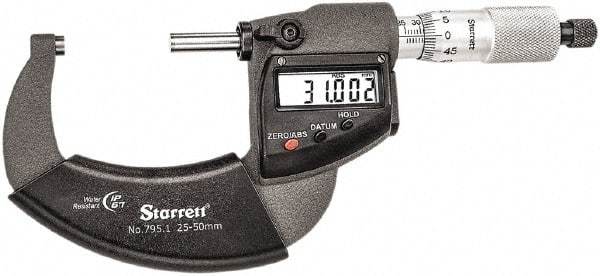 Starrett - Standard Throat IP67 Electronic Outside Micrometer - Ratchet Stop Thimble, Carbide Face, CR2032 Battery - Top Tool & Supply