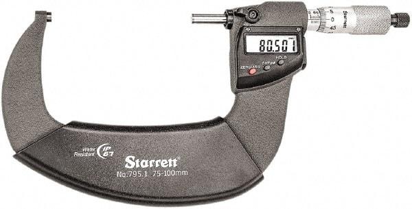 Starrett - Standard Throat IP67 Electronic Outside Micrometer - Ratchet Stop Thimble, Carbide Face, CR2032 Battery - Top Tool & Supply