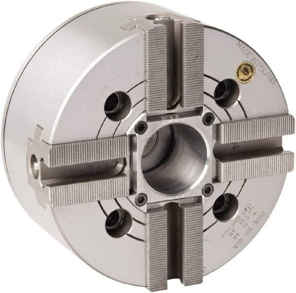 Bison - 4 Jaw, 8.26" Chuck Diam, Plain Back Mount, 52mm Through Hole Diam, Drawtube Hydraulic Power Lathe Chuck - 1.5mm x 60° Serrated Jaw Interface, 0.6299 to 7.874" Jaw Capacity, 4,300 RPM, High Speed Steel Body - Top Tool & Supply