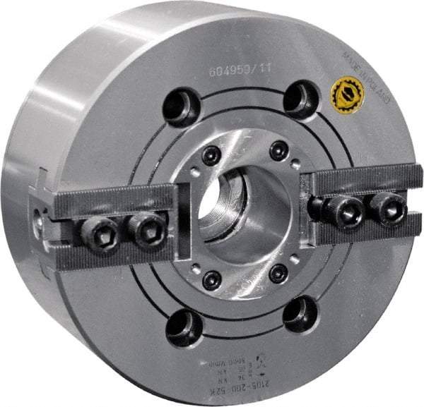 Bison - 2 Jaw, 6.65" Chuck Diam, Plain Back Mount, 45mm Through Hole Diam, Drawtube Hydraulic Power Lathe Chuck - 1.5mm x 60° Serrated Jaw Interface, 0.5905 to 6.7716" Jaw Capacity, 6,000 RPM, High Speed Steel Body - Top Tool & Supply