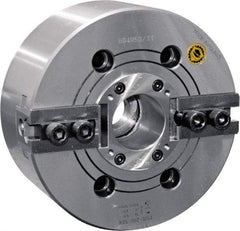 Bison - 2 Jaw, 10" Chuck Diam, Plain Back Mount, 75mm Through Hole Diam, Drawtube Hydraulic Power Lathe Chuck - 1.5mm x 60° Serrated Jaw Interface, 0.8661 to 9.8031" Jaw Capacity, 4,200 RPM, High Speed Steel Body - Top Tool & Supply