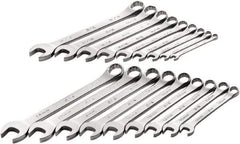 SK - 18 Piece, 1/4" to 3/4" (10mm to 18mm), 12 Point Combination Wrench Set - Inch/Metric Measurement Standard, Full Polish Chrome Finish, Comes in Roll-Up Pouch - Top Tool & Supply