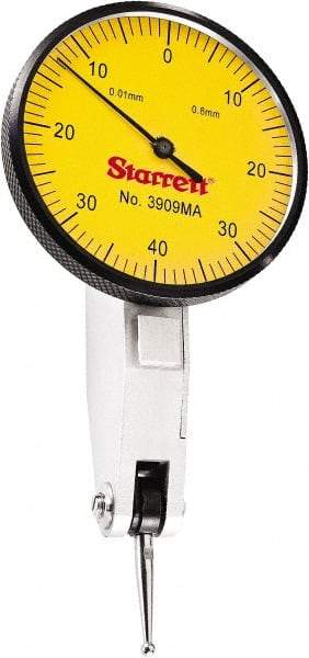 Starrett - 0.8 mm Range, 0.01 mm Dial Graduation, Horizontal Dial Test Indicator - 1-9/16 Inch Yellow Dial, 0-40-0 Dial Reading - Top Tool & Supply