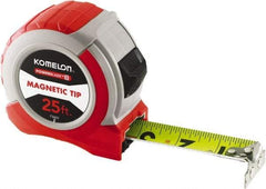 Komelon - 25' x 1-1/16" Yellow Steel Blade Tape Measure - 1/4, 1/8 & 1/16" Graduation, Red ABS Plastic Case - Top Tool & Supply