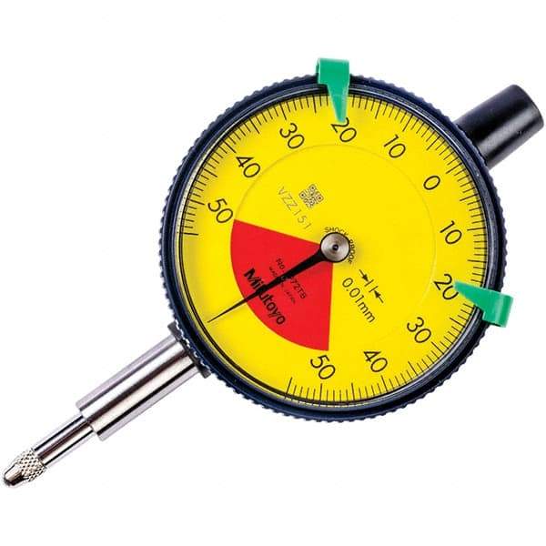 Mitutoyo - 1mm Range, 50-0-50 Dial Reading, 0.01mm Graduation Dial Drop Indicator - 57mm Dial, 1.4mm Range per Revolution, 0.04mm Accuracy - Top Tool & Supply