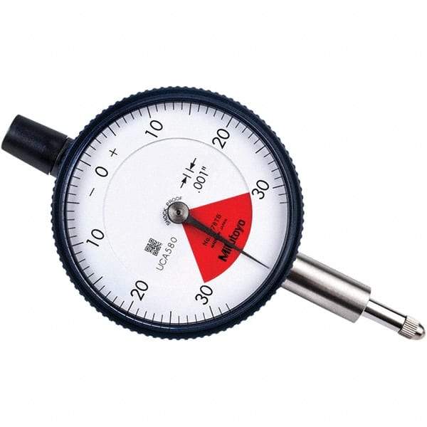 Mitutoyo - 0.06" Range, 30-0-30 Dial Reading, 0.001" Graduation Dial Drop Indicator - 2.24" Dial, 0.079" Range per Revolution, 0.001" Accuracy - Top Tool & Supply