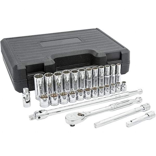 GearWrench - 29 Piece 3/8" Drive Chrome Finish Deep Well Socket Set - 12 Points, 8mm to 19mm Range, Inch/Metric Measurement Standard - Top Tool & Supply