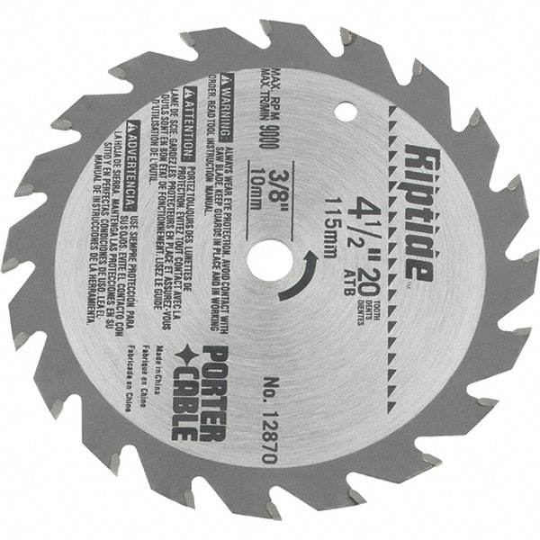 Porter-Cable - 4-1/2" Diam, 3/8" Arbor Hole Diam, 20 Tooth Wet & Dry Cut Saw Blade - Carbide-Tipped, Ripping Action, Standard Round Arbor - Top Tool & Supply