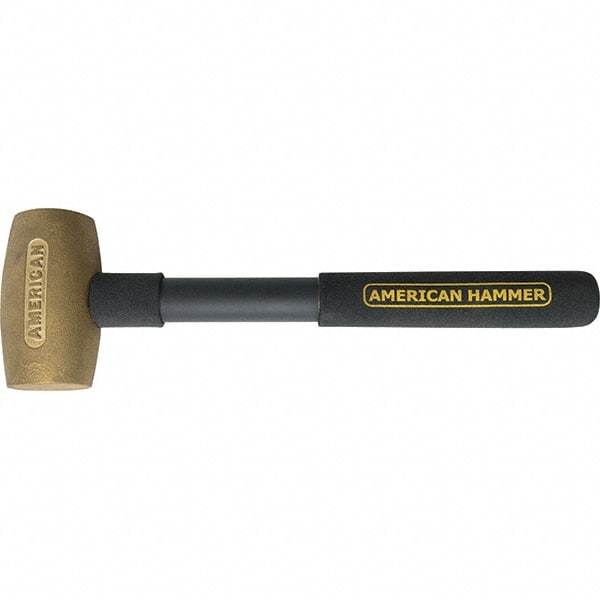 American Hammer - 3-1/2 Lb Brass Nonsparking Hammer - 14" OAL, 3-1/2" Head Length, 2" Face Diam, 14" Steel with Grip Handle - Top Tool & Supply