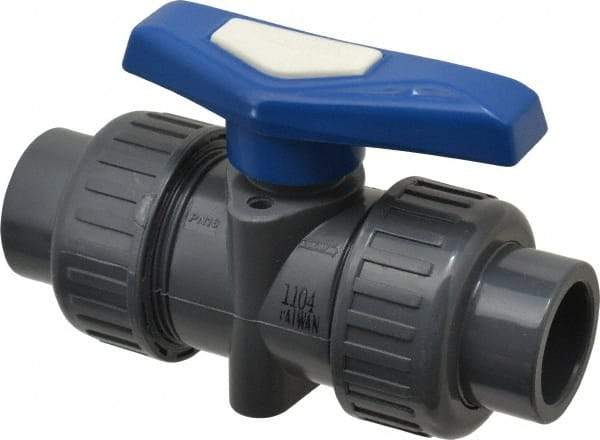 Simtech - 3/4" Pipe, Full Port, PVC True Union Design Ball Valve - Inline - Two Way Flow, FNPT x FNPT (with Socket Adapter) Ends, Tee Handle, 232 WOG - Top Tool & Supply