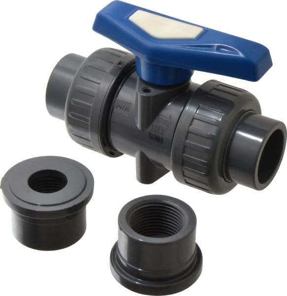 Simtech - 1" Pipe, Full Port, PVC True Union Design Ball Valve - Inline - Two Way Flow, FNPT x FNPT (with Socket Adapter) Ends, Tee Handle, 232 WOG - Top Tool & Supply