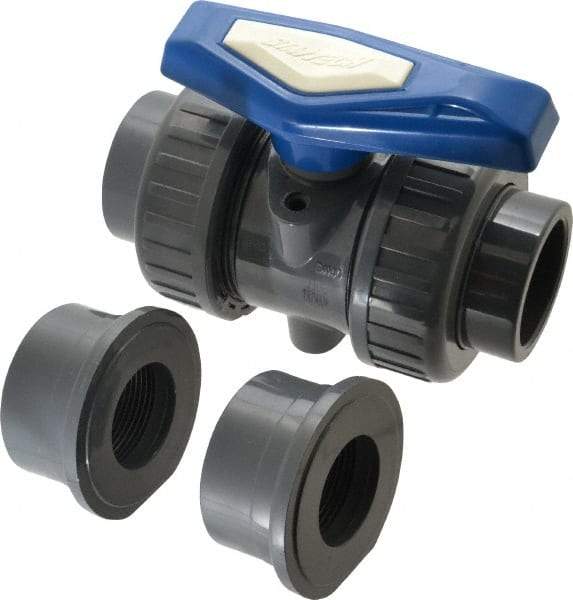 Simtech - 1-1/2" Pipe, Full Port, PVC True Union Design Ball Valve - Inline - Two Way Flow, FNPT x FNPT (with Socket Adapter) Ends, Tee Handle, 232 WOG - Top Tool & Supply