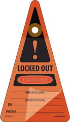 NMC - 7" High x 4" Long, LOCKED OUT - DANGER - EMPLOYEE NAME ___ COMPANY NAME ___ID#___PHONE#___, English Safety & Facility Lockout Tag - Tag Header: Danger, 1 Side, Orange Unrippable Vinyl - Top Tool & Supply