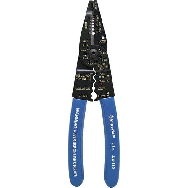 Imperial - 10 to 22 AWG Capacity Wire Stripper/Cutter/Crimper - 8-1/4" OAL, Hardened Steel with Cushion Grip Handle - Top Tool & Supply