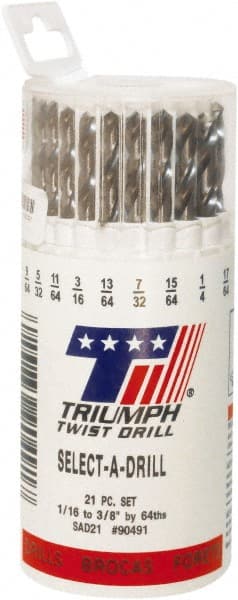 Drill Bit Set: Jobber Length Drill Bits, 21 Pc, 118 °, High Speed Steel Bright/Uncoated, Series SAD21