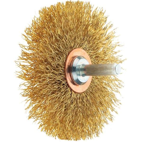 Tru-Maxx - 3" OD, 1/4" Shank Diam, Crimped Brass Wheel Brush - 1/2" Face Width, 1" Trim Length, 0.0118" Filament Diam, 20,000 RPM - Top Tool & Supply