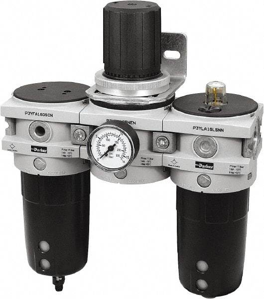 Parker - 3/4" NPT Port Heavy-Duty 3 Piece Filter-Regulator-Lubricator FRL Unit - Polypropylene Bowl, 170 SCFM, 254 Max psi, 13-1/2" High, Manual Drain - Top Tool & Supply